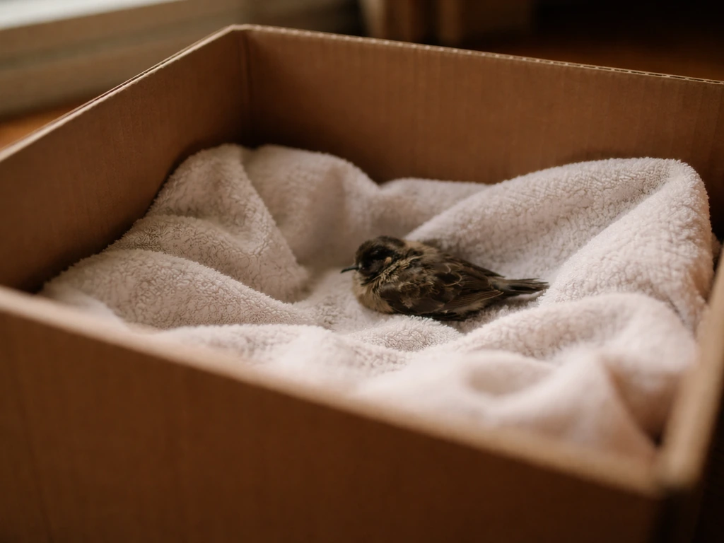 Injured small wild bird resting in a cloth-lined cardboard box in a quiet, warm indoor spot.