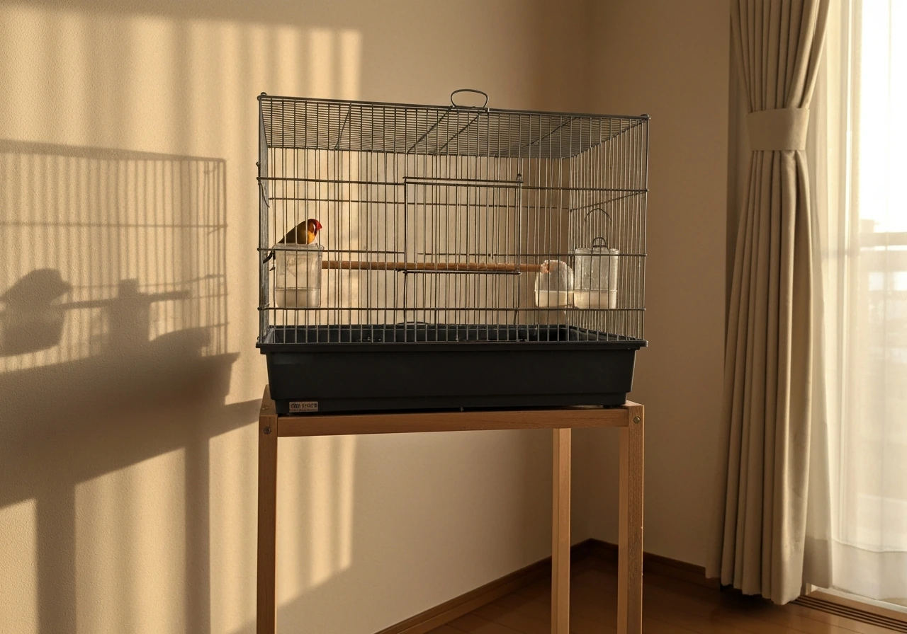 Finch cage placed off the floor at chest height on a stand in a calm, sun-free room