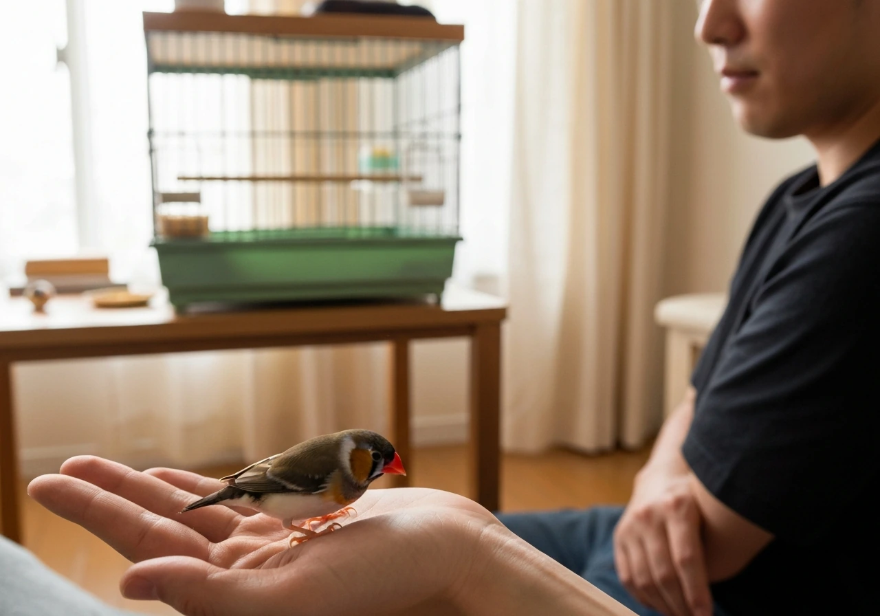 A small finch calmly eating from a hand while the keeper sits at a distance near an open cage