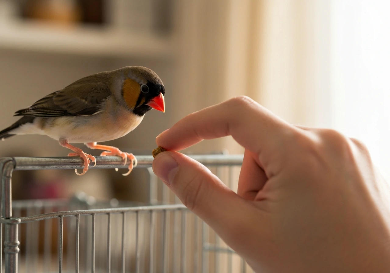 Small finch on a cage perch, stepping toward an offered human finger and visible treat.