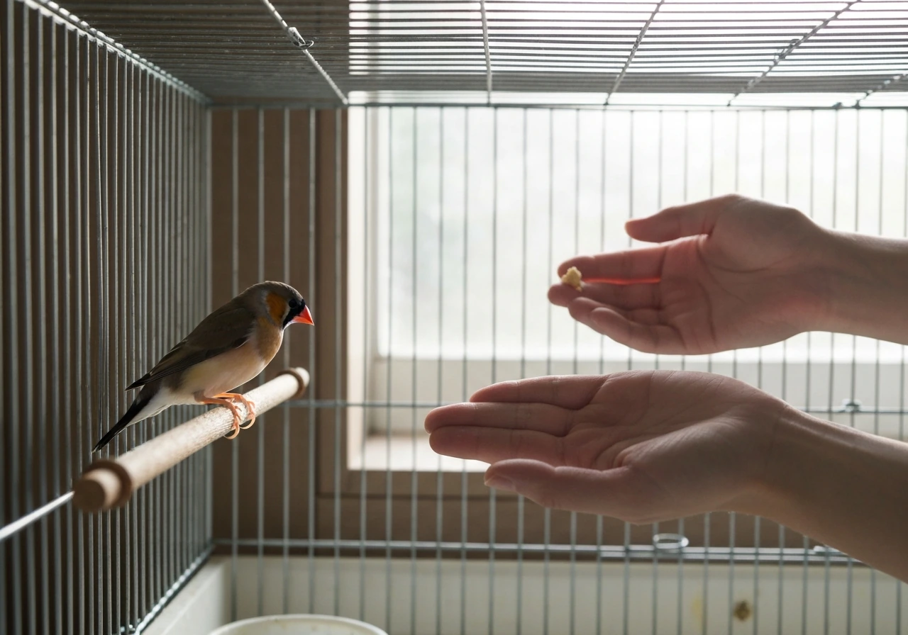 Finch flinches as a hand approaches the cage; food is offered from outside for a slower approach.