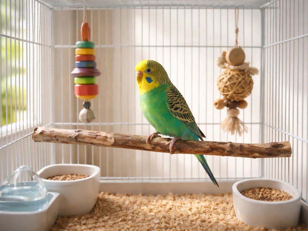 A healthy parakeet perched in a clean, properly sized cage with safe toys and fresh water visible.