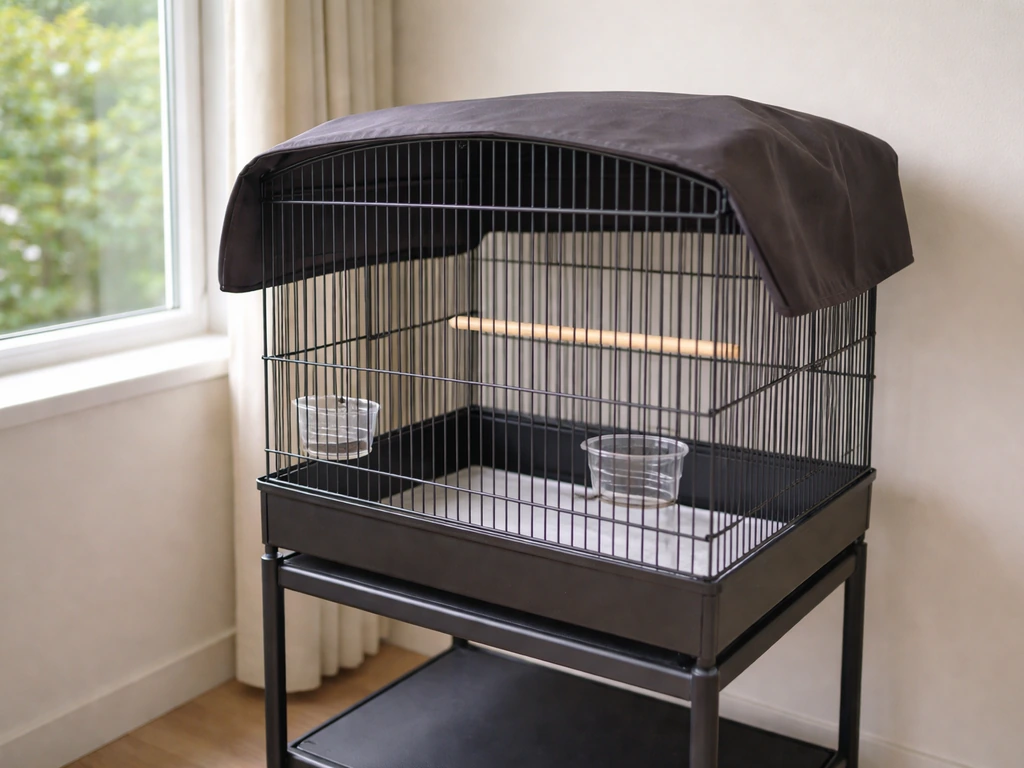 Pet bird cage properly placed in a quiet room, with cover visible and natural light, no drafts.