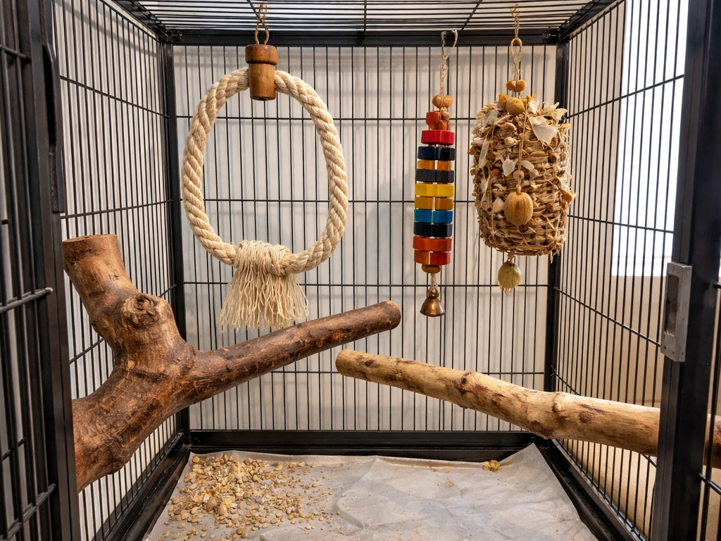 Bird cage interior with natural wood perches of different thicknesses and several enrichment toys