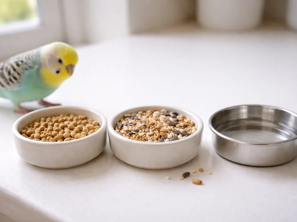 Budgie near a pellet bowl with a neighboring seed mix bowl and a clean water dish on a counter.