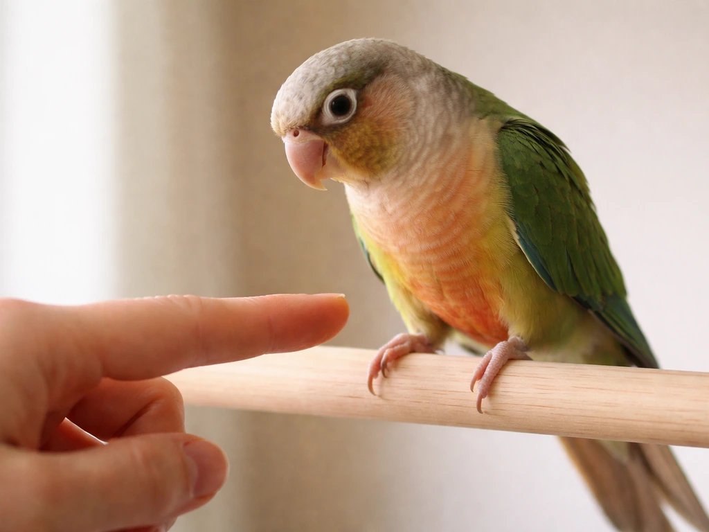 Close-up of a calm hand holding a finger above a pet bird’s feet as it steps up on a perch