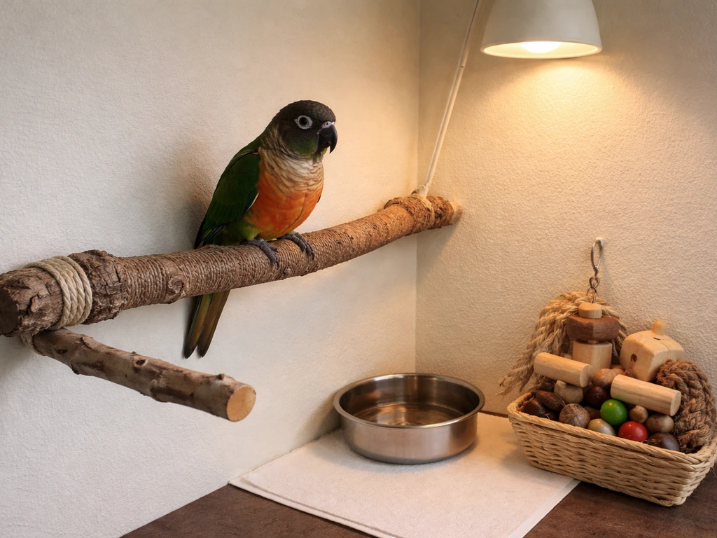 A calm parrot on a branch perch beside a simple bird-safe grooming and enrichment setup in natural light.