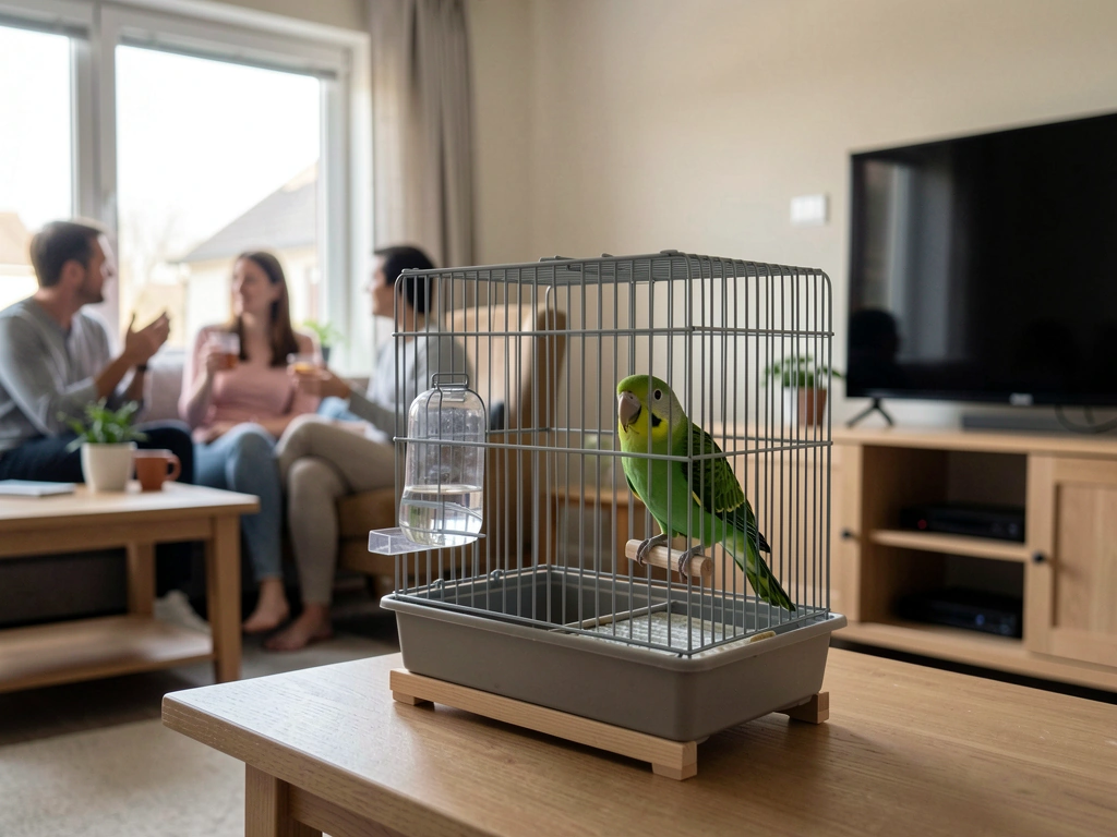 Bird cage placed in a calm living room with people conversing nearby