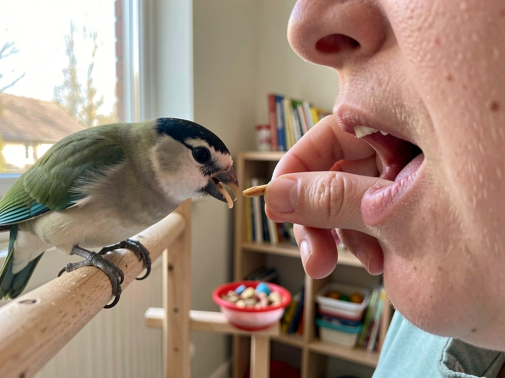 Training moment: person saying a cue while holding a small treat for a parrot