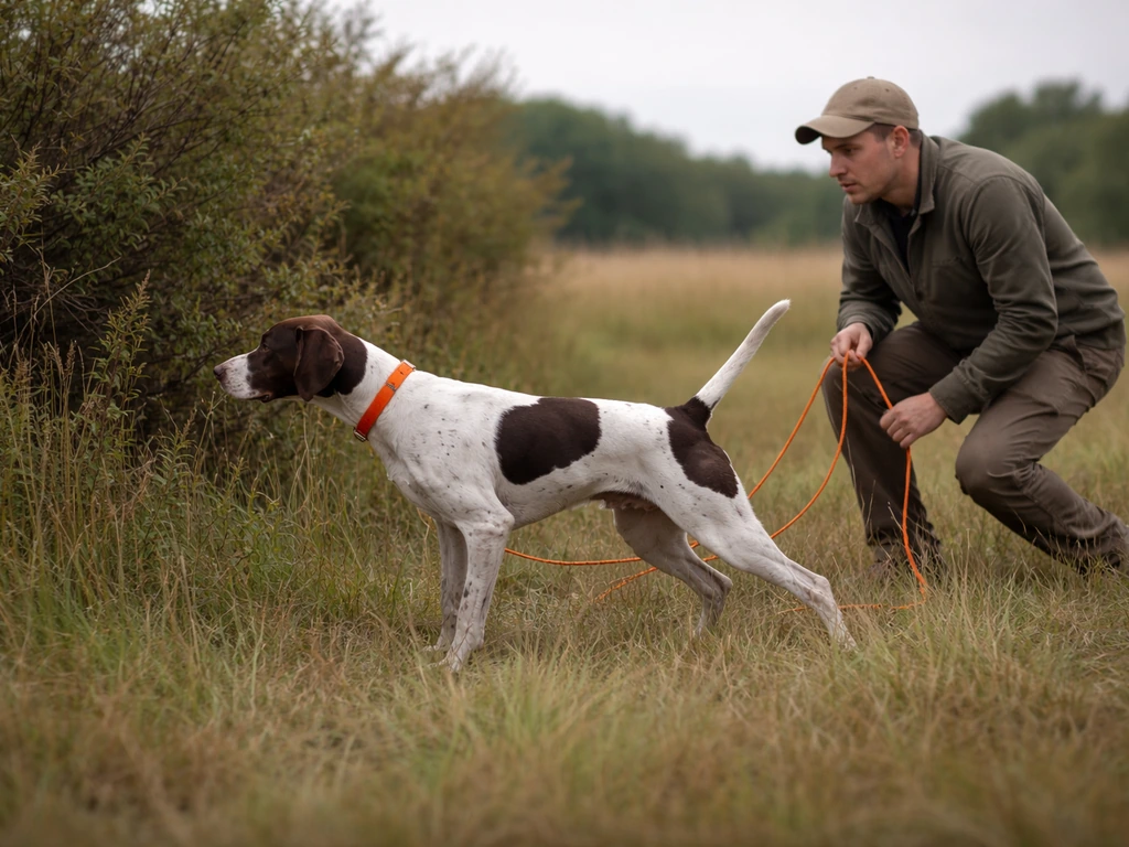 Handler holds check cord as a bird dog locks into a steady pointing stance in field grass