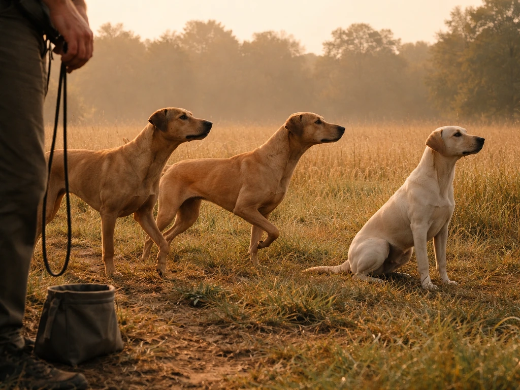 Three working dogs in a quiet field—two pointing and one sitting—near a trainer’s bag and a short lead