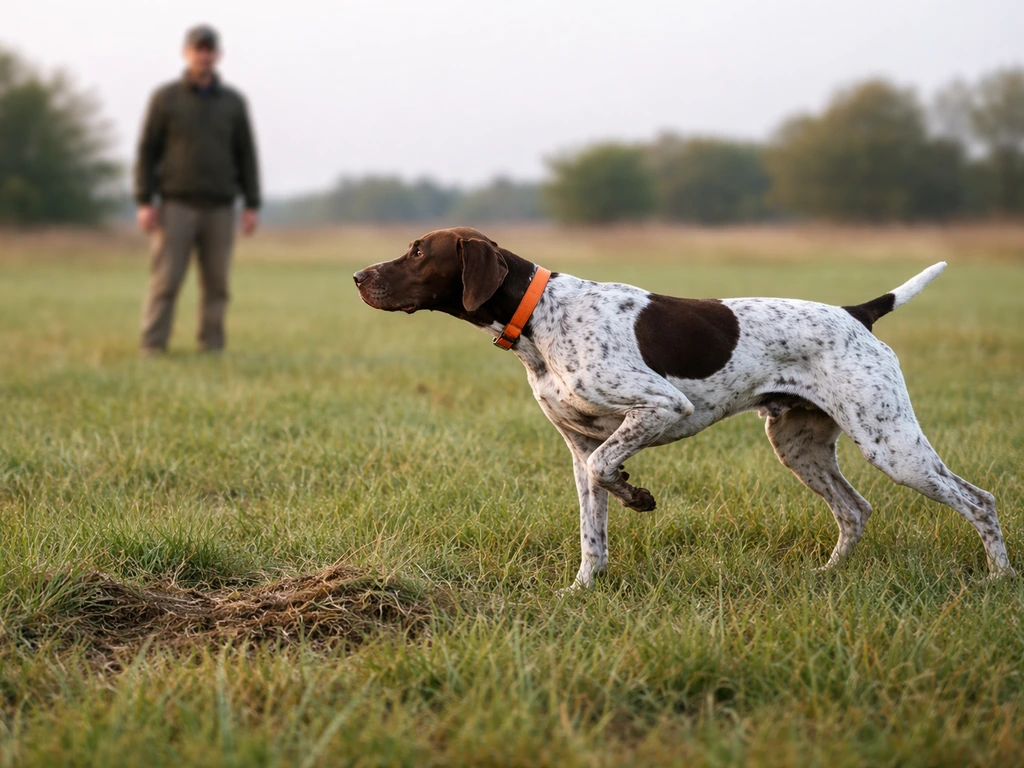 Field dog in hunting stance on scent line, handler calmly stationary, minimal training setup