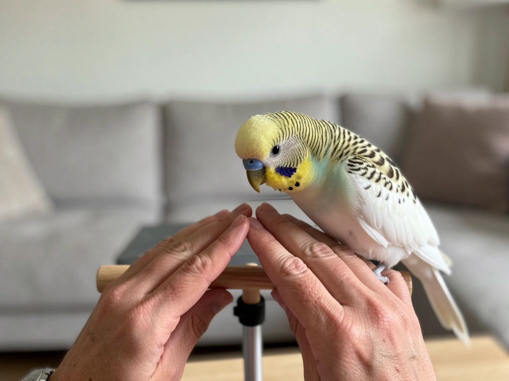 Hands hiding and revealing a face beside a curious pet bird for peekaboo cue training