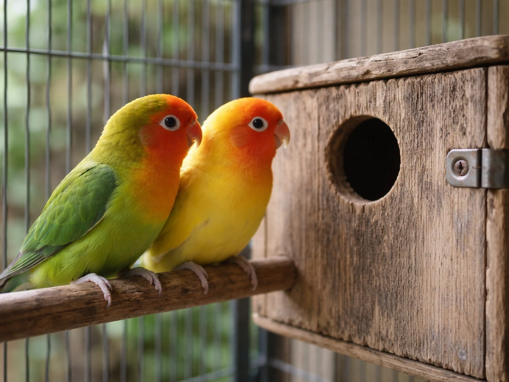 Two lovebirds perched near a wooden nest box inside a secure aviary cage.