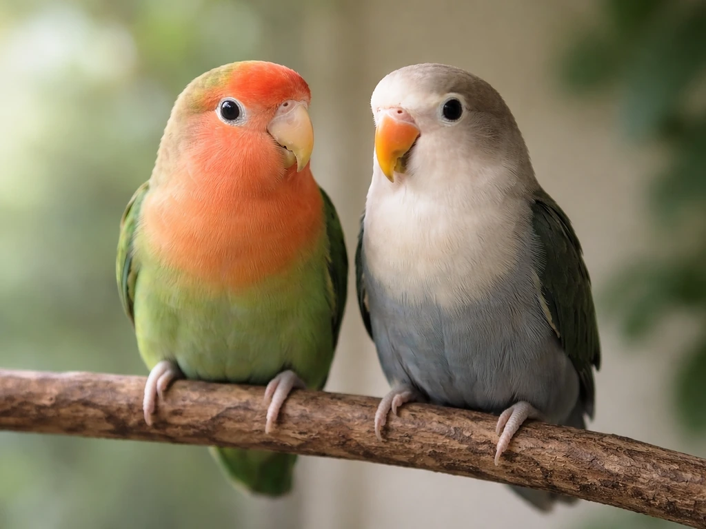 Two small lovebirds perched together on a simple branch, showing distinct species-like coloring