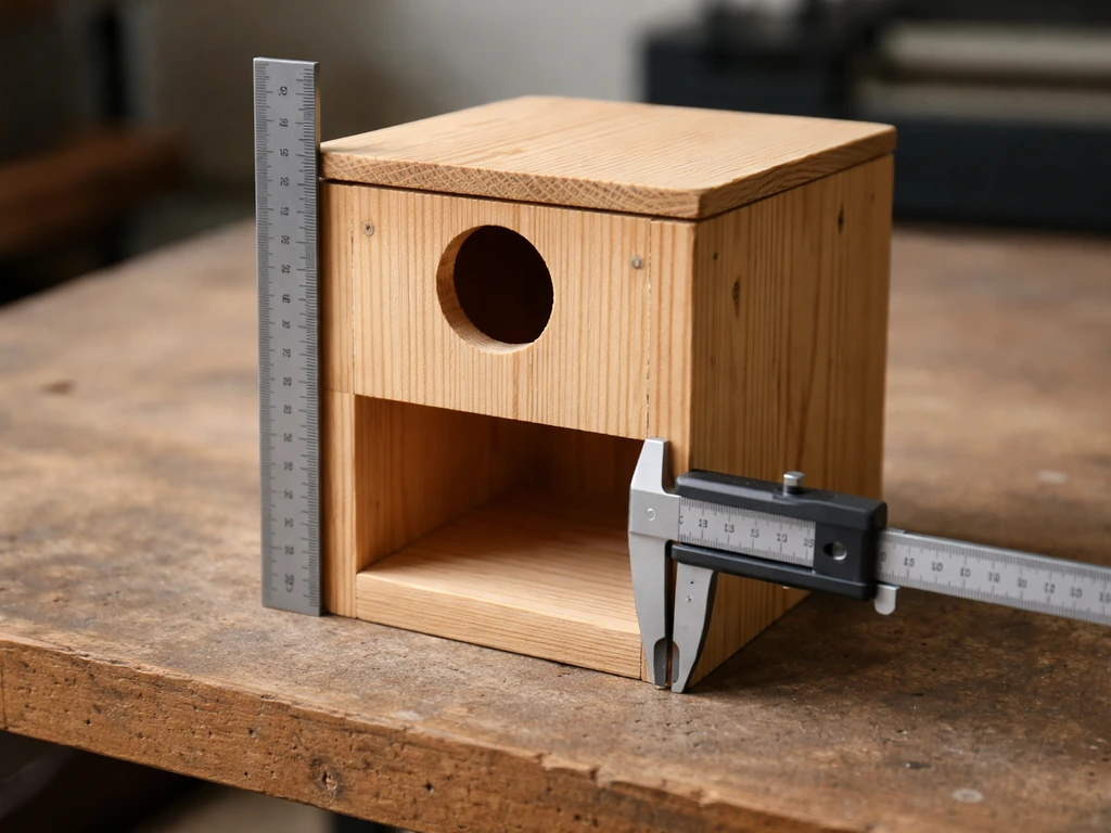 Wooden lovebird nest box with entrance hole and calipers/ruler showing correct size.