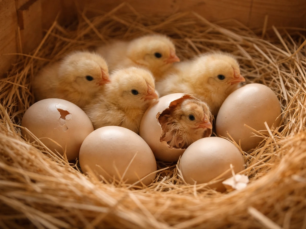 Warm nest box scene with small chicks hatching from intact eggs, showing gentle pips and minimal disturbance.