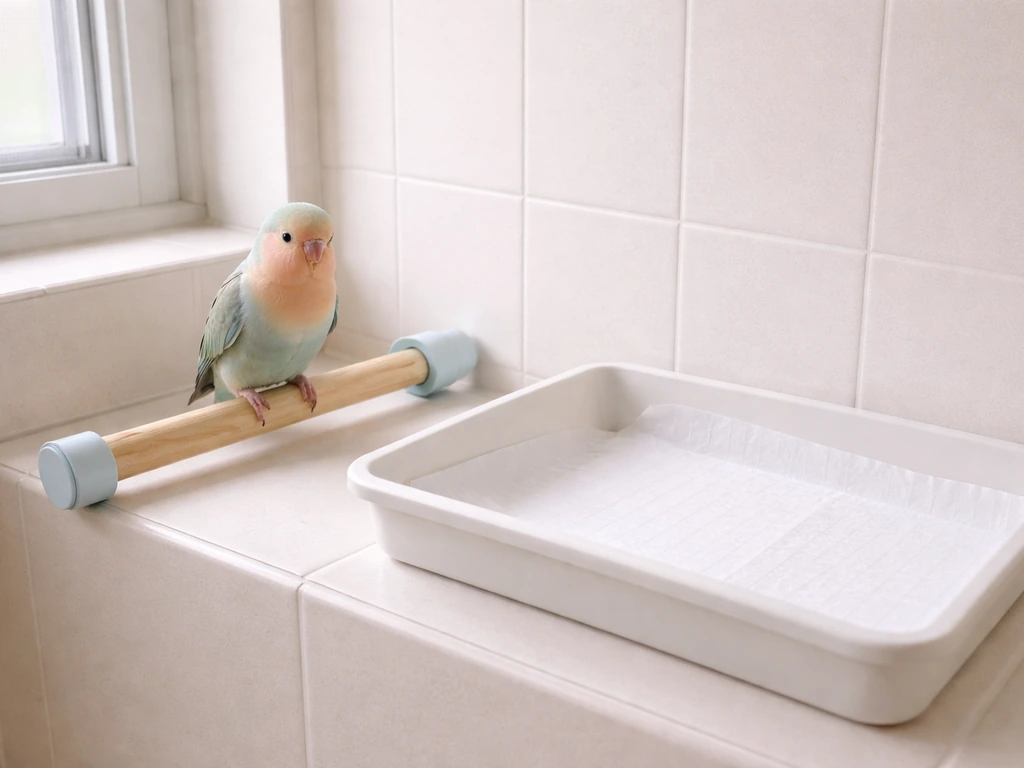 Pet bird perched beside a paper-lined bathroom tray on a home bathroom ledge