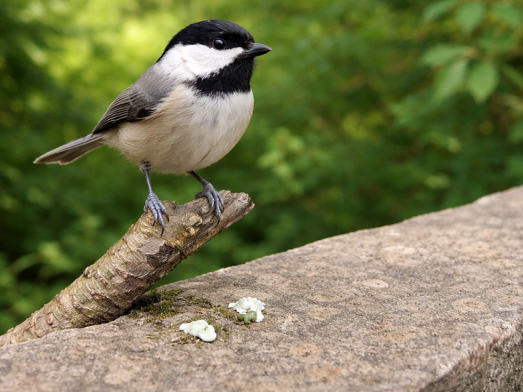 Small bird perched on a branch above a stone ledge with droppings visible beneath its feet.