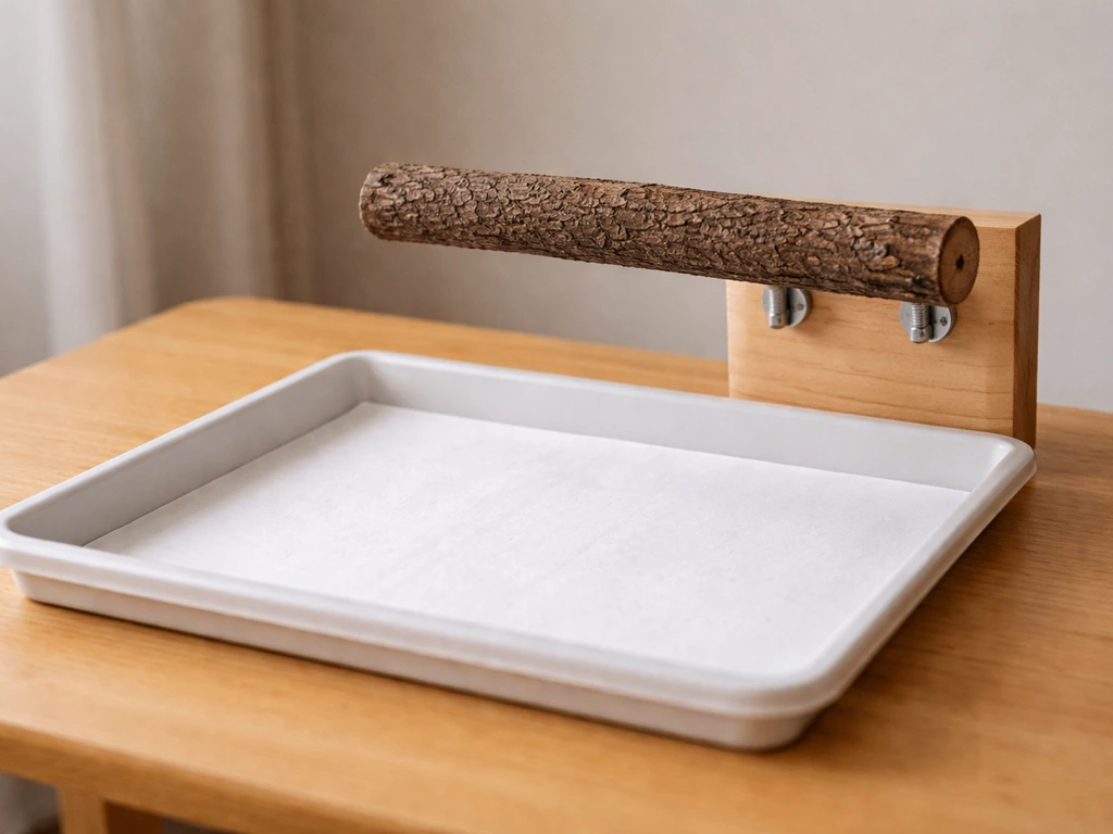 Close-up of a wooden bird perch placed beside a paper-lined tray on a table