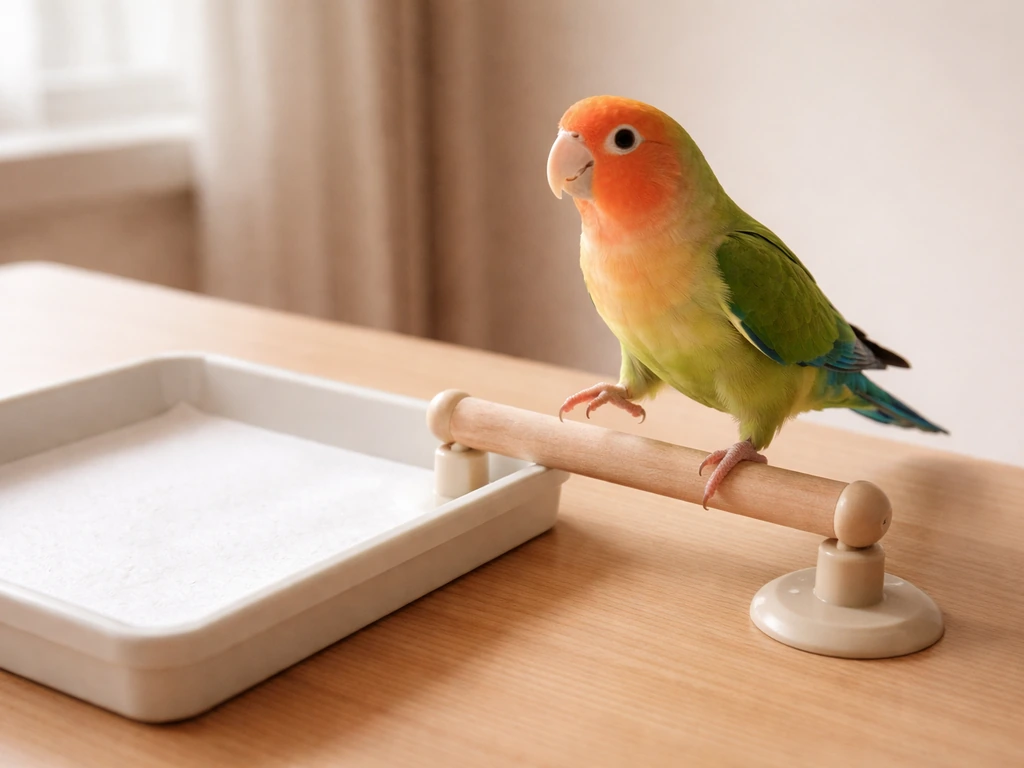 Tame parrot steps onto a clean training perch beside a prepared tray for immediate positive reinforcement.