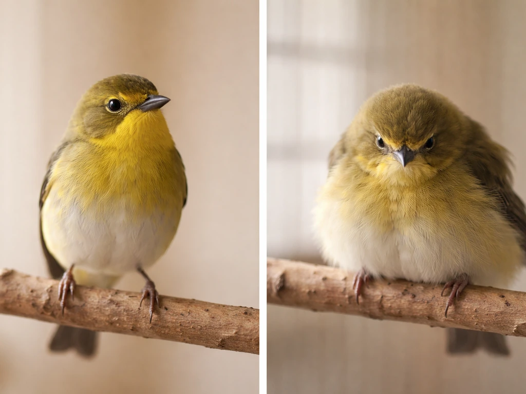Split image: a relaxed upright bird vs a hunched, puffed, less alert bird on a perch.