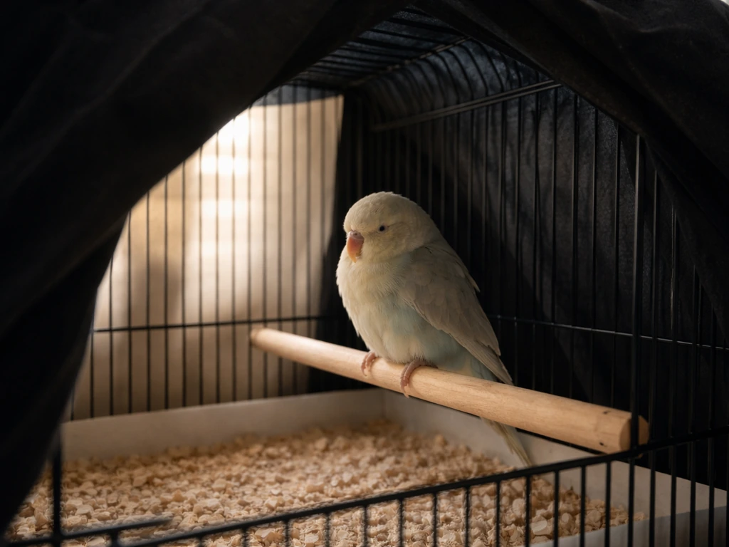 Pet bird resting under a dark cage cover in a quiet, dim sleep area.