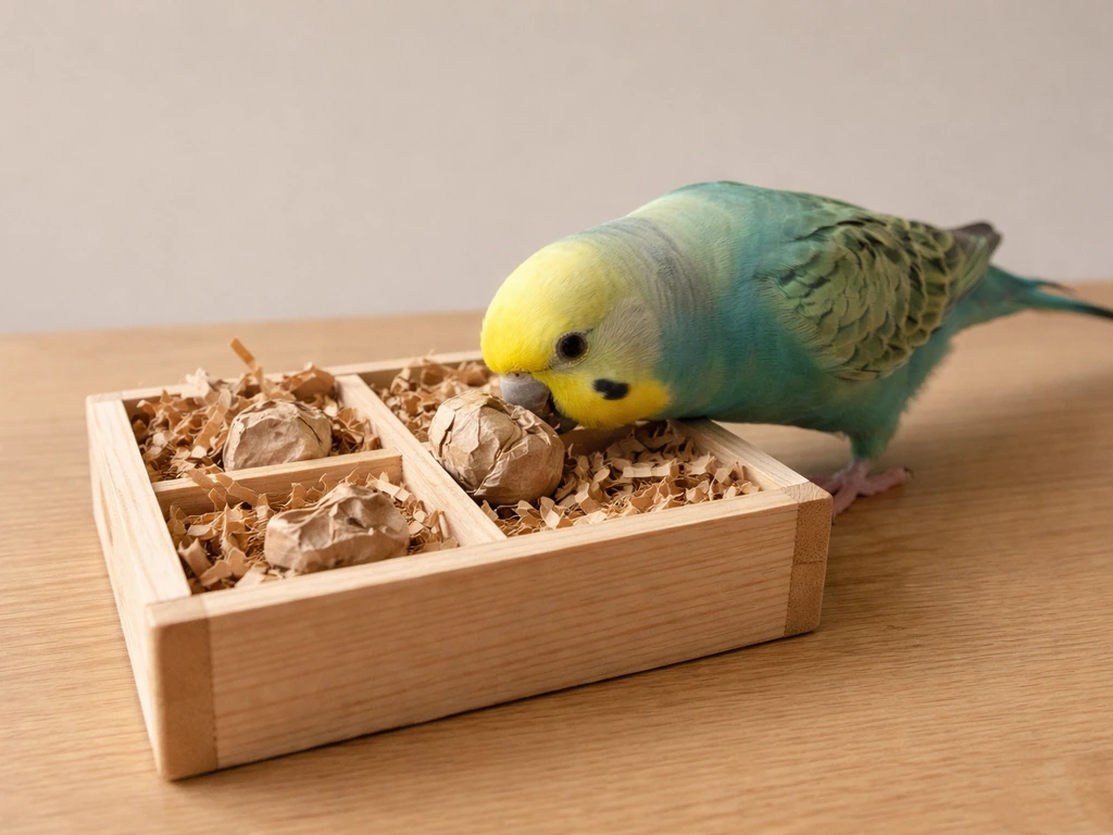 A bird actively investigates a wooden foraging toy with paper-wrapped treats on a simple tabletop.