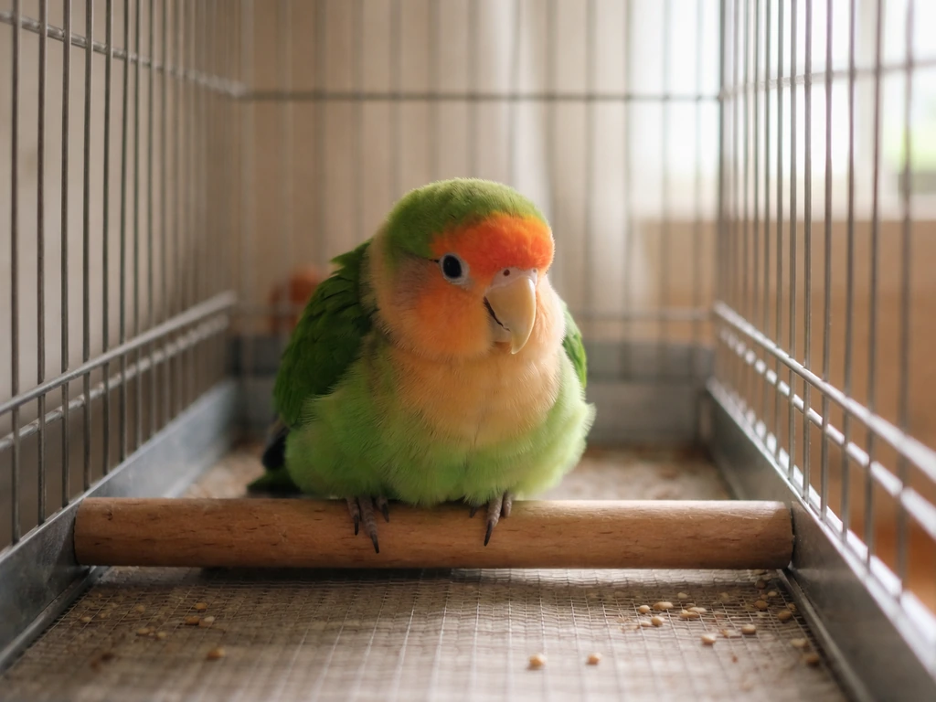 Small parrot puffed up inside a simple cage, perched low and looking lethargic in daylight.