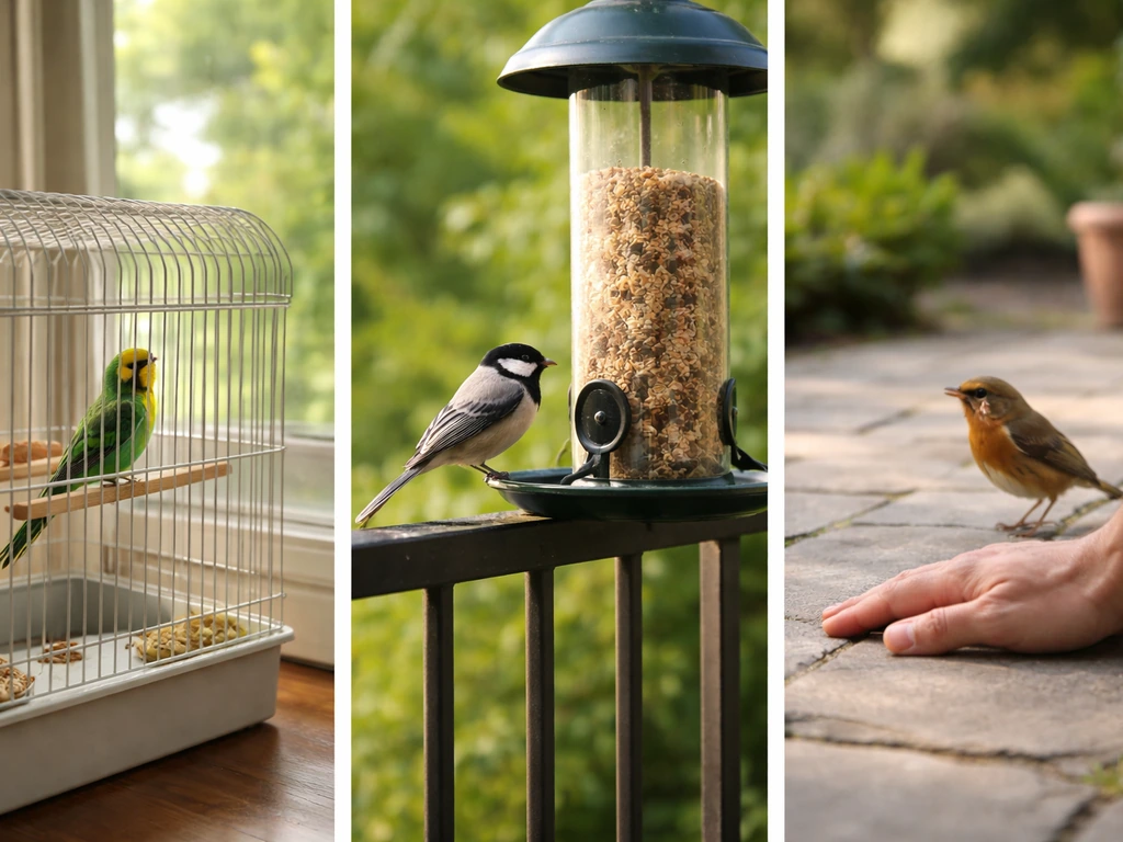 Three-panel view: caged pet bird, wild bird at backyard feeder, and a person earning trust near a bird