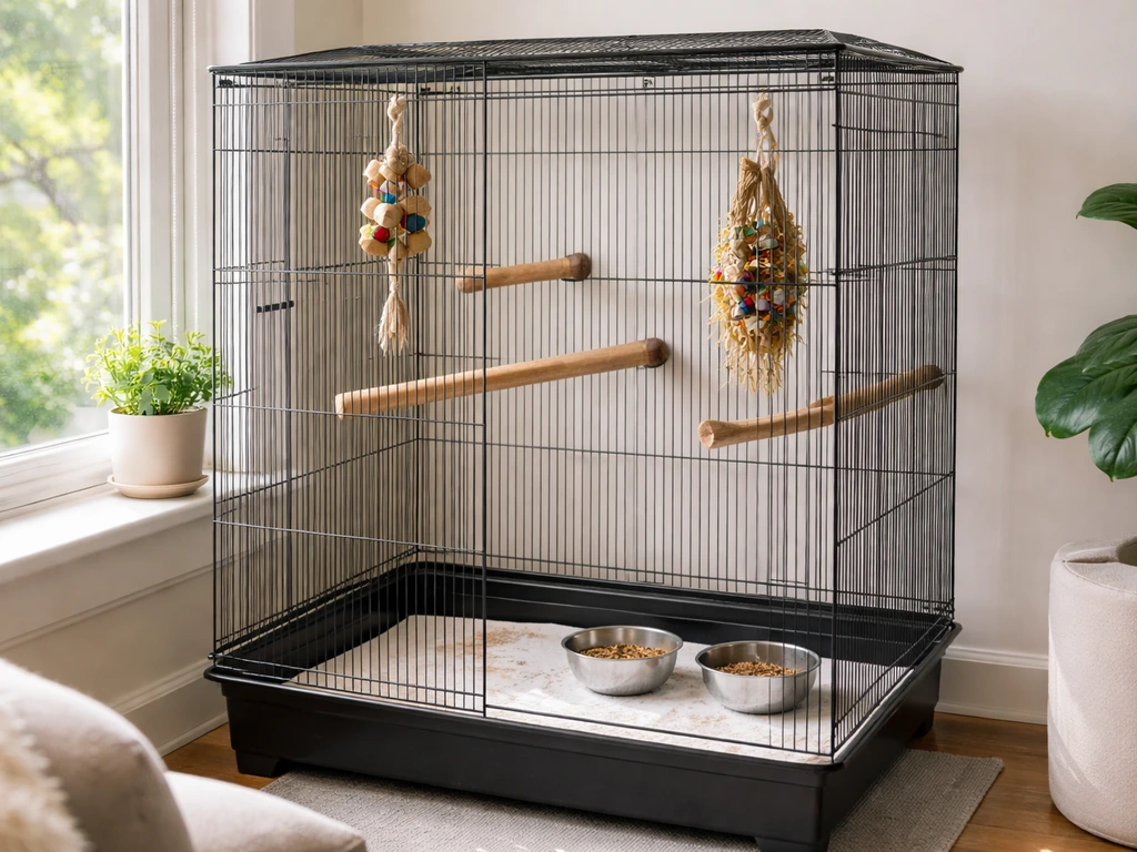 Bright living room with a large bird cage, perches, safe toys, and bowls set up for arrival.