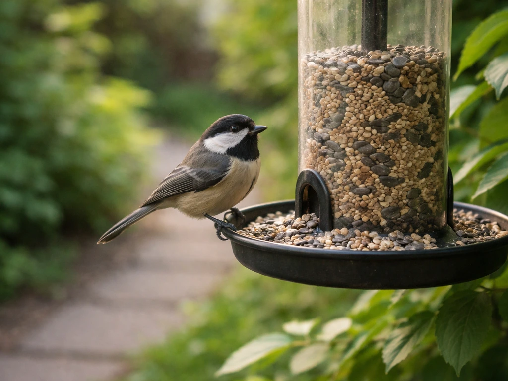 Small wild bird perched on a garden bird feeder in a quiet residential backyard.