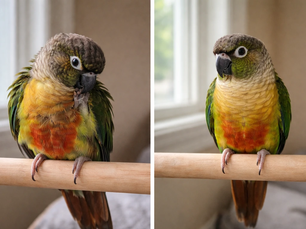 A calm parrot on one side and a fluffed, feather-plucking parrot posture on the other side.