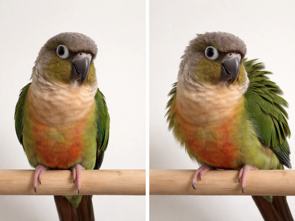 Sunlit conure with smooth relaxed feathers, soft eyes, and a second frame-like fear posture with fluffed feathers