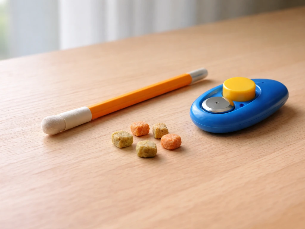 Close-up of a target stick and clicker laid beside small conure-safe treats on a wooden surface.