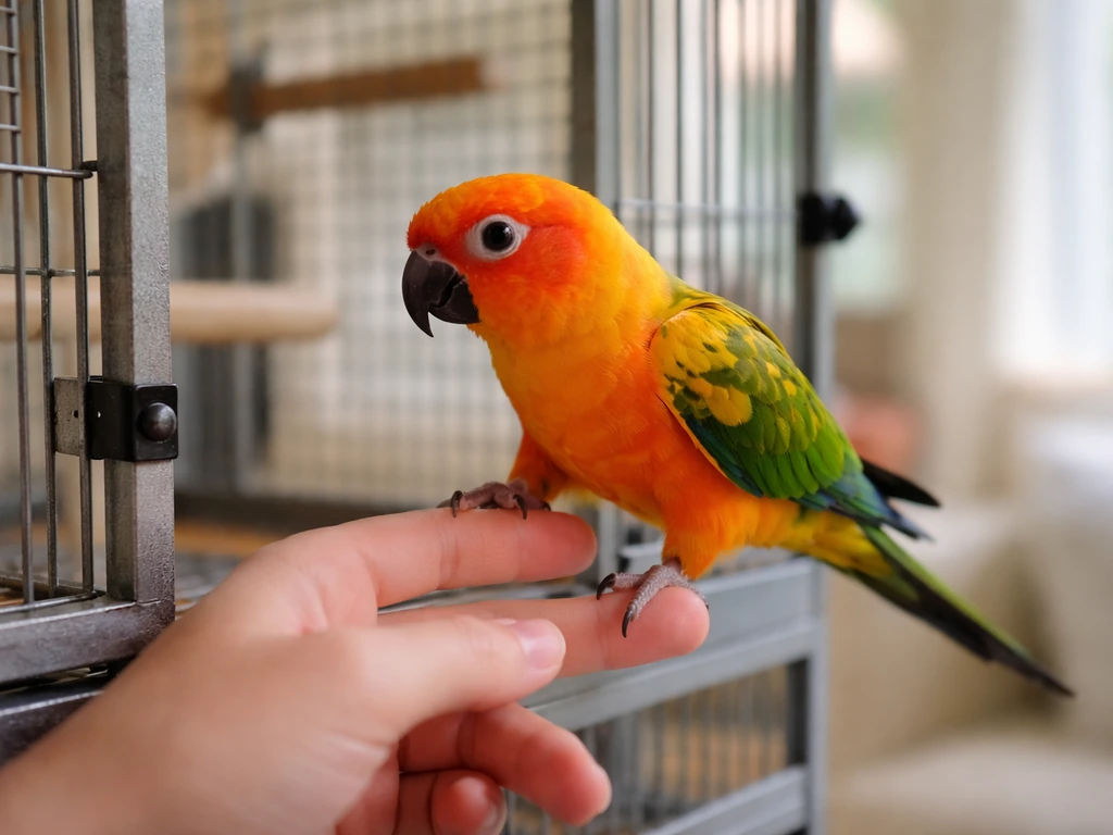 A sun conure steps from its cage onto an offered hand in a calm, cooperative handling moment.