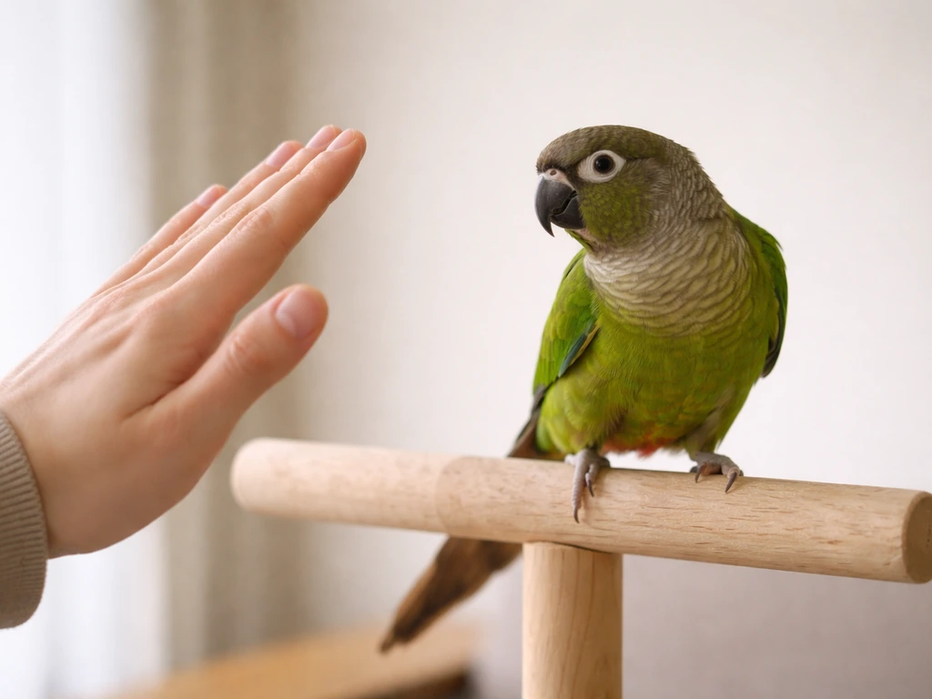 Trainer pauses with hand withdrawn as a small green parrot conure stays at a comfort distance