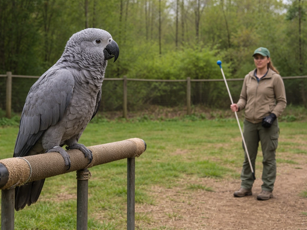 Calm large bird perched while a handler stands safely with a training cue pole nearby.