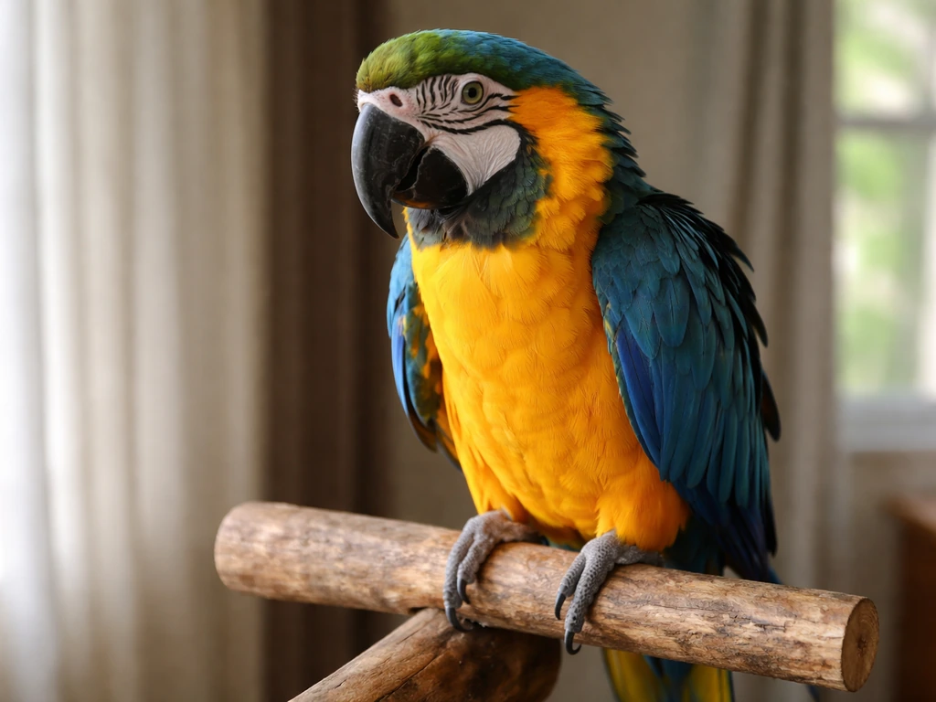 Close-up of a large colorful parrot perched indoors in soft natural light.