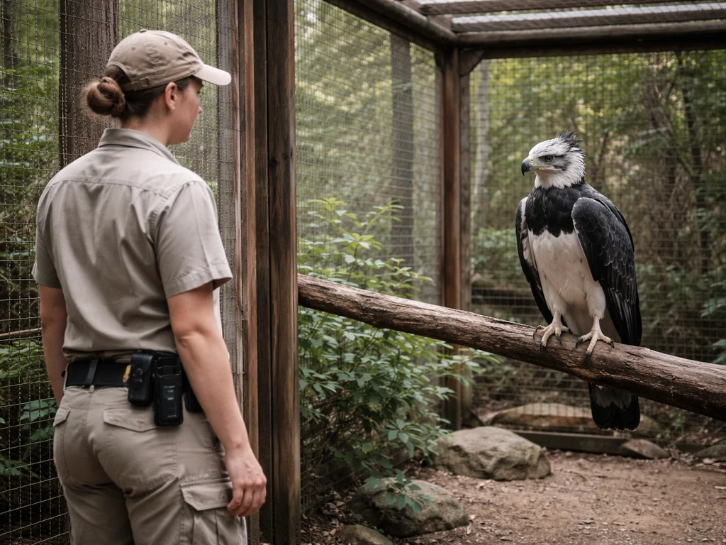 Calm handler keeping distance from a perched bird inside an outdoor aviary enclosure.