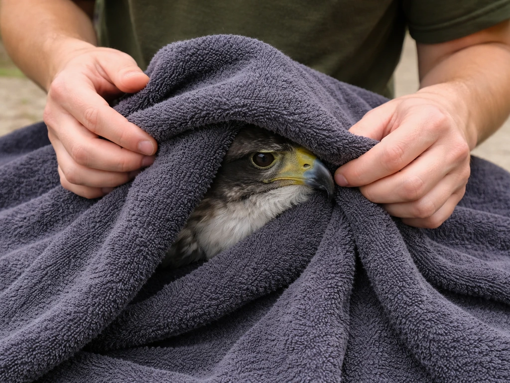Close-up of a thick towel draped over a large bird for safe restraint, focused on humane handling