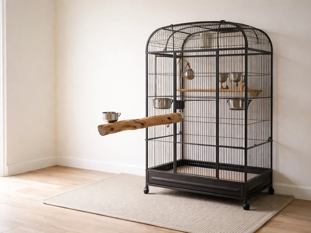 Large pet bird cage and perch station positioned to offer a calm retreat in a simple, safe room.