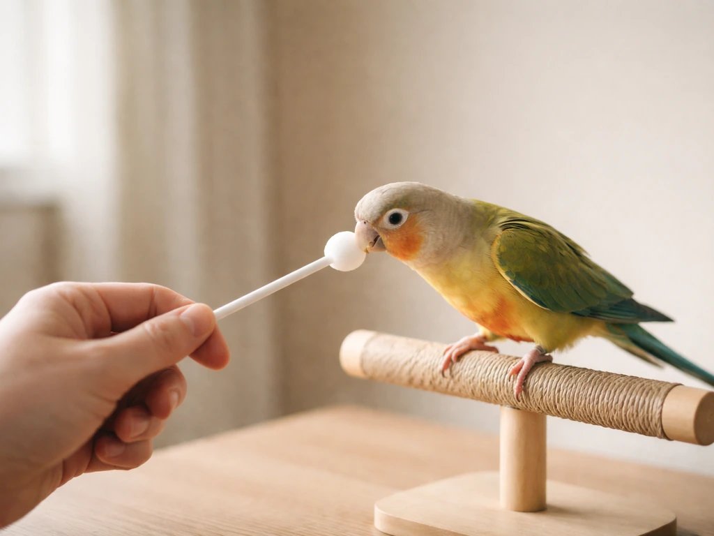 Beginner target training moment: a small bird gently touches a handheld target near a calm seated setup.
