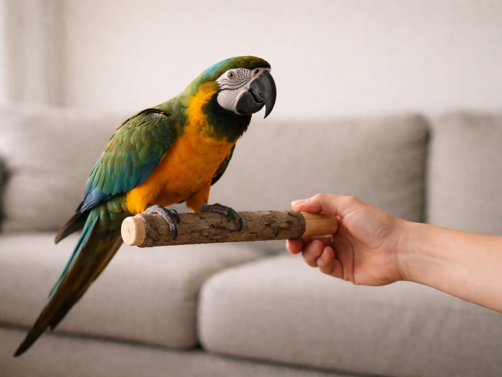 A handler’s hand holds a small handheld perch as a large pet bird steps up on cue.