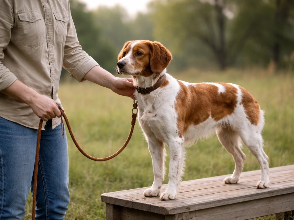Calm handler cueing a bird dog to whoa and hold steady on a training bench outdoors.