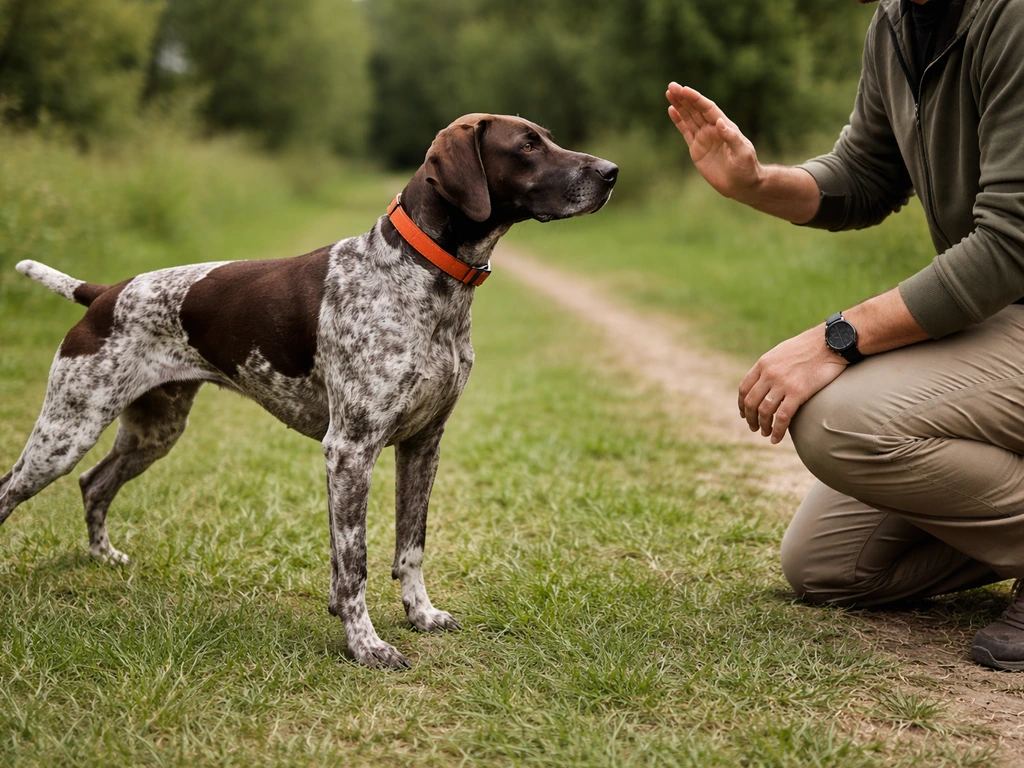 Dog held in a planted stop position during training while a handler pauses their body language.