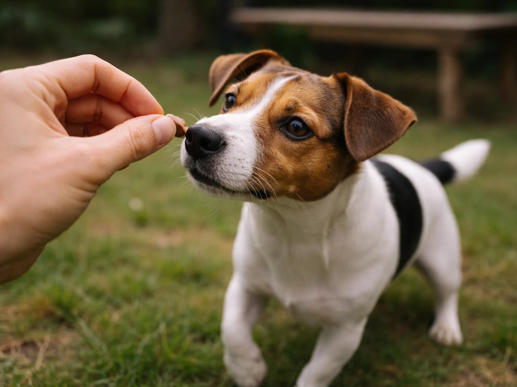 Handler’s hand and a small dog in a quiet yard as the dog stops, rewarded with a treat.