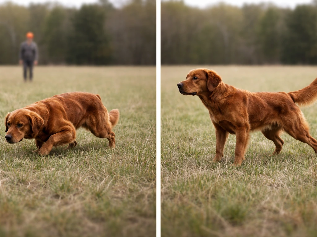 Split sequence showing a hunting dog creeping forward, then holding steady in a point on grass field.