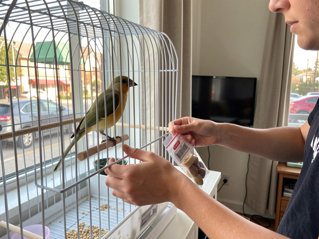 Crested myna cage placed at eye level with a trainer offering treats in a calm room.