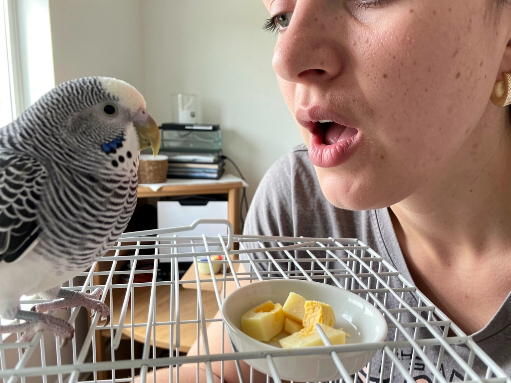Trainer speaking toward a crested myna with the chosen treat ready for consistent phrase pairing.